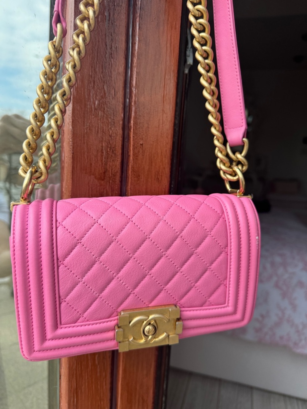 CHANEL Pink Quilted Boy Bag with Gold Chain